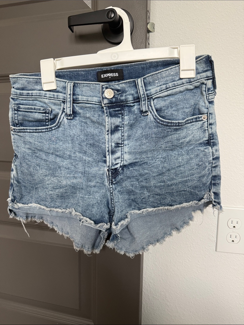 Express Light Blue High-Rise Frayed Hem Denim Shorts